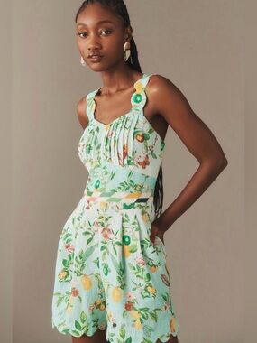 Anthropologie Ranna Gill Floral Mint Green Ruffled-Strap Romper Size XS NWT